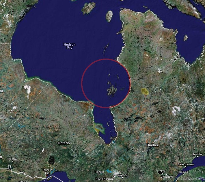 Annotated satellite photo of Hudson Bay arc.